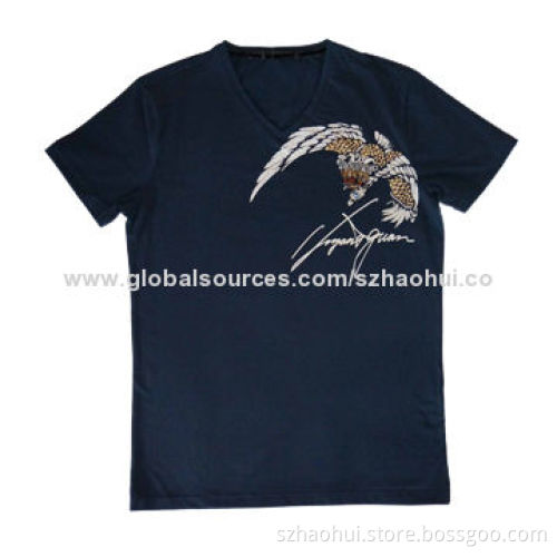 Stylish Men's Mercerized Cotton T-shirt with Hot Stones, High-quality and Comfortable, OEM Services